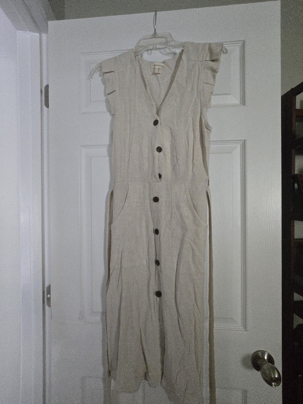 Sleeveless Linen-blend Beige Button-Front Midi Dress with Pockets